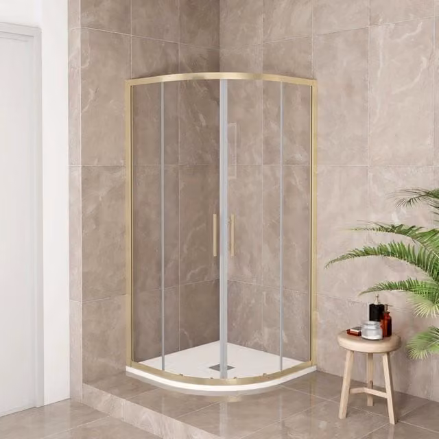 Box Doccia Semicircolare 80X80 cm H.190 Oro Spazzolato Porta Scorrevole Vetro 6 mm Trasparente Anticalcare, Piatto Doccia Bianco