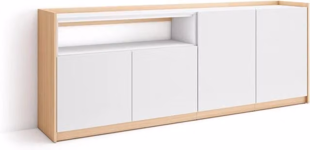 Credenza, Mobile, Cucina, 207x80x37 cm, 4 Porte, grande stoccaggio, Bianco e Rovere soft