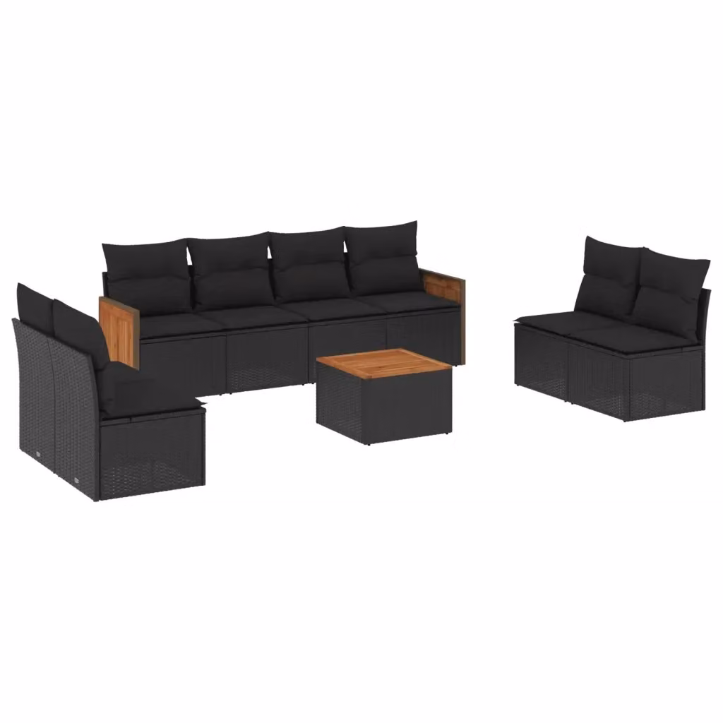 Set Divani da Giardino vidaXL 9 Pezzi in Polyrattan Nero con Cuscini Imbottiti e Tavolino – 2