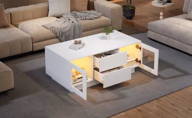Tavolino da Salotto Bianco Lucido 100x50x40 cm con Mobile e Luci LED Controllabili via App, Adatto per Soggiorno, Ufficio e Studio