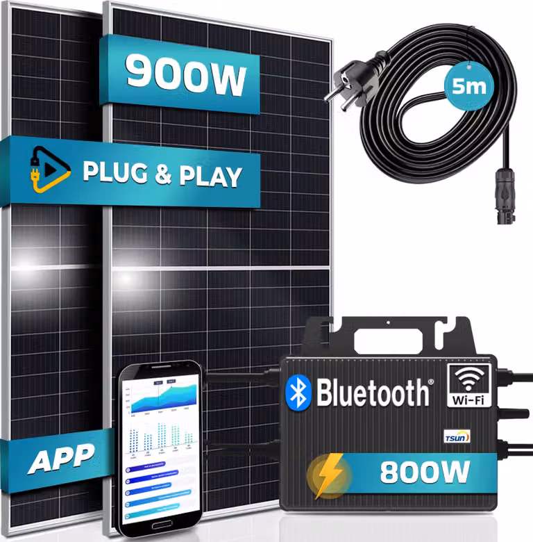 SUNNIVA® 900W centrale elettrica da balcone 800W presa completa - inverter TSUN 800W - impianto solare FV - 2x450W moduli solari - cavo 5m - WIFI