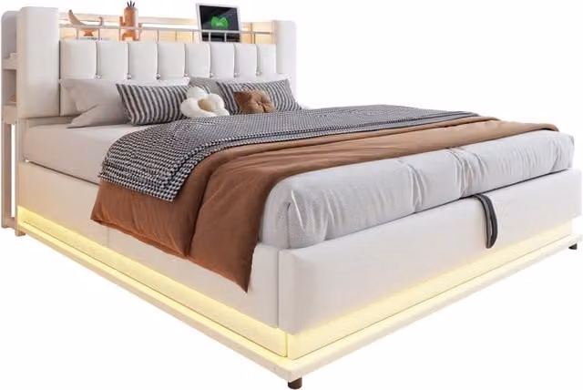 Letto matrimoniale imbottito 180x200 cm con LED; USB e contenitore idraulico in velluto beige