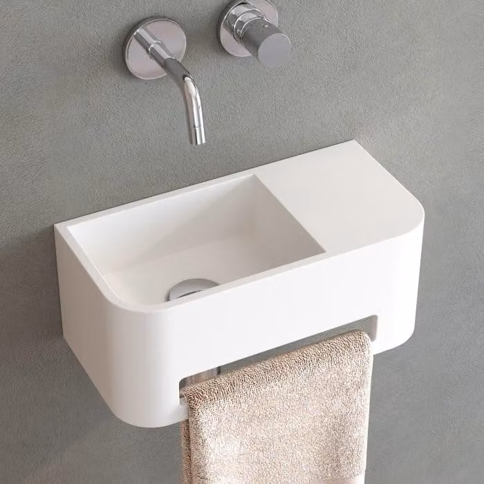 Lavabo in pietra Kronenbach, dimensioni 38 x 19 cm, posizionato a sinistra, senza foro per il rubinetto, con supporto per asciugamani