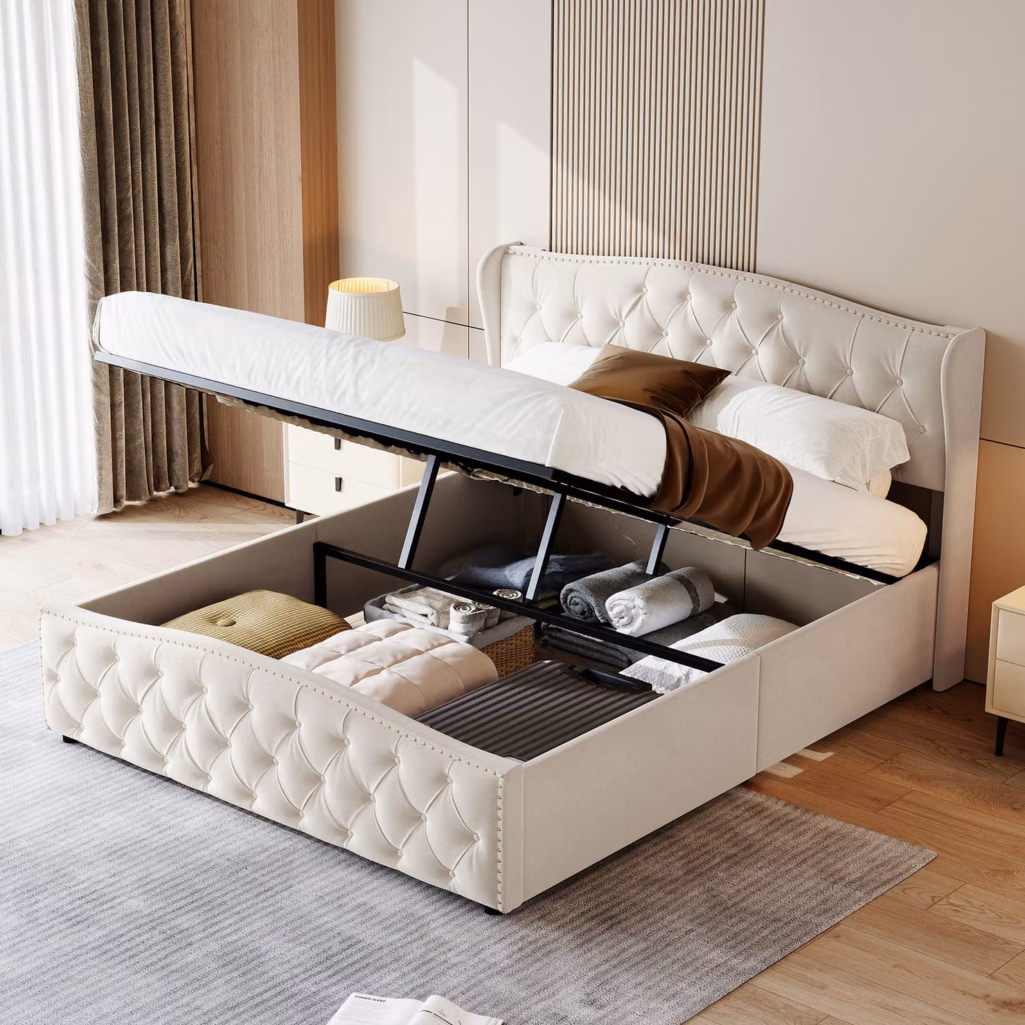 Letto imbottito 160x200cm con rete a doghe, letto a molle idrauliche con rete e contenitore, letto matrimoniale in velluto con contenitore letto funzionale, bianco