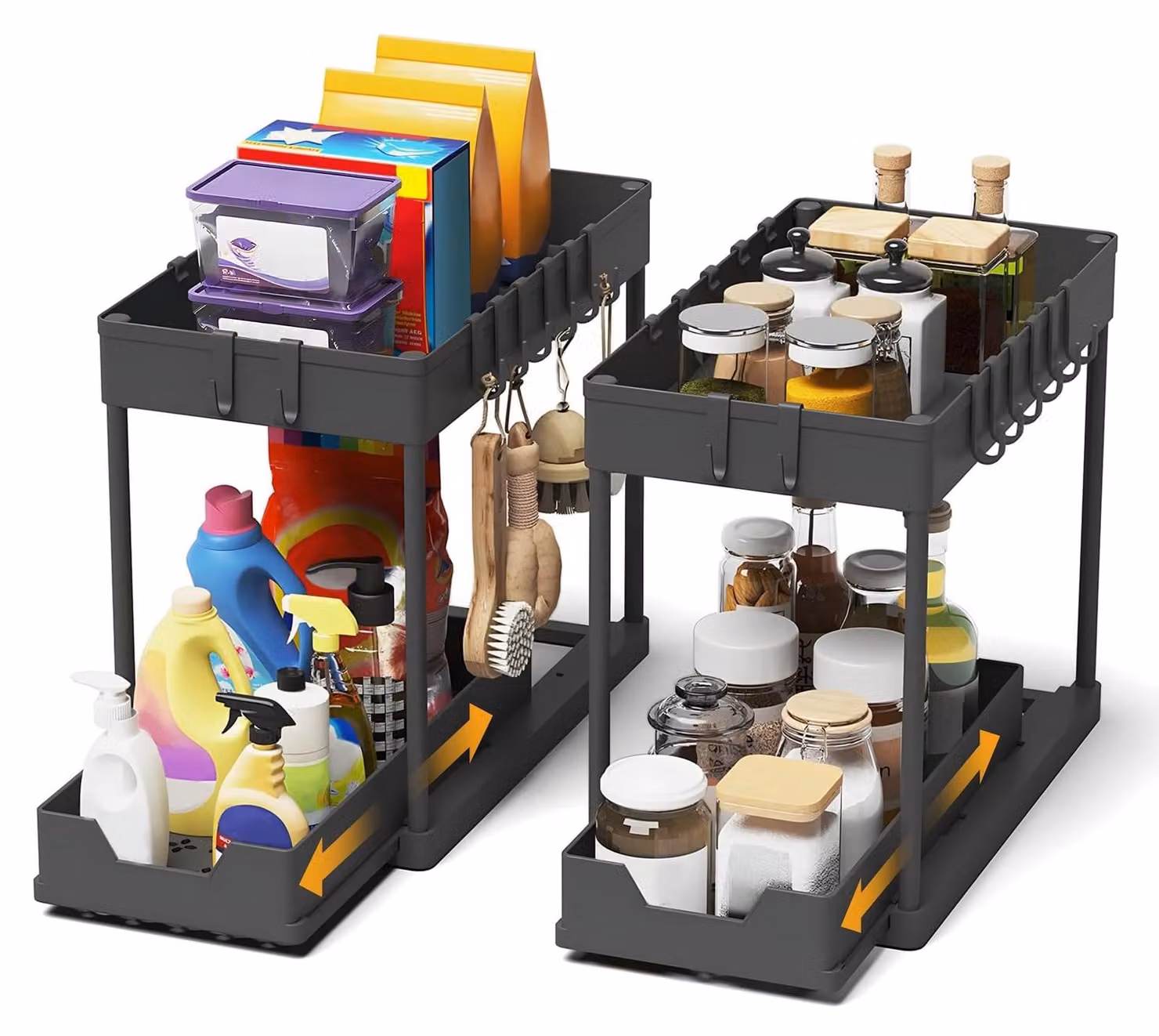 Organizzatore per mobiletti a cassetto, 2 pezzi - Scaffale estraibile - Organizer con 16 ganci - Multiuso per cucina/bagno - Bordi rialzati