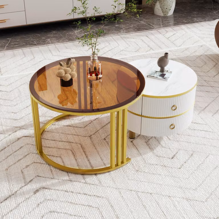 Set di 2 tavolini MODFU, tavolino rotondo MDF 2 in 1 con 2 cassetti, tavolino con piano in vetro temperato, bianco/marrone
