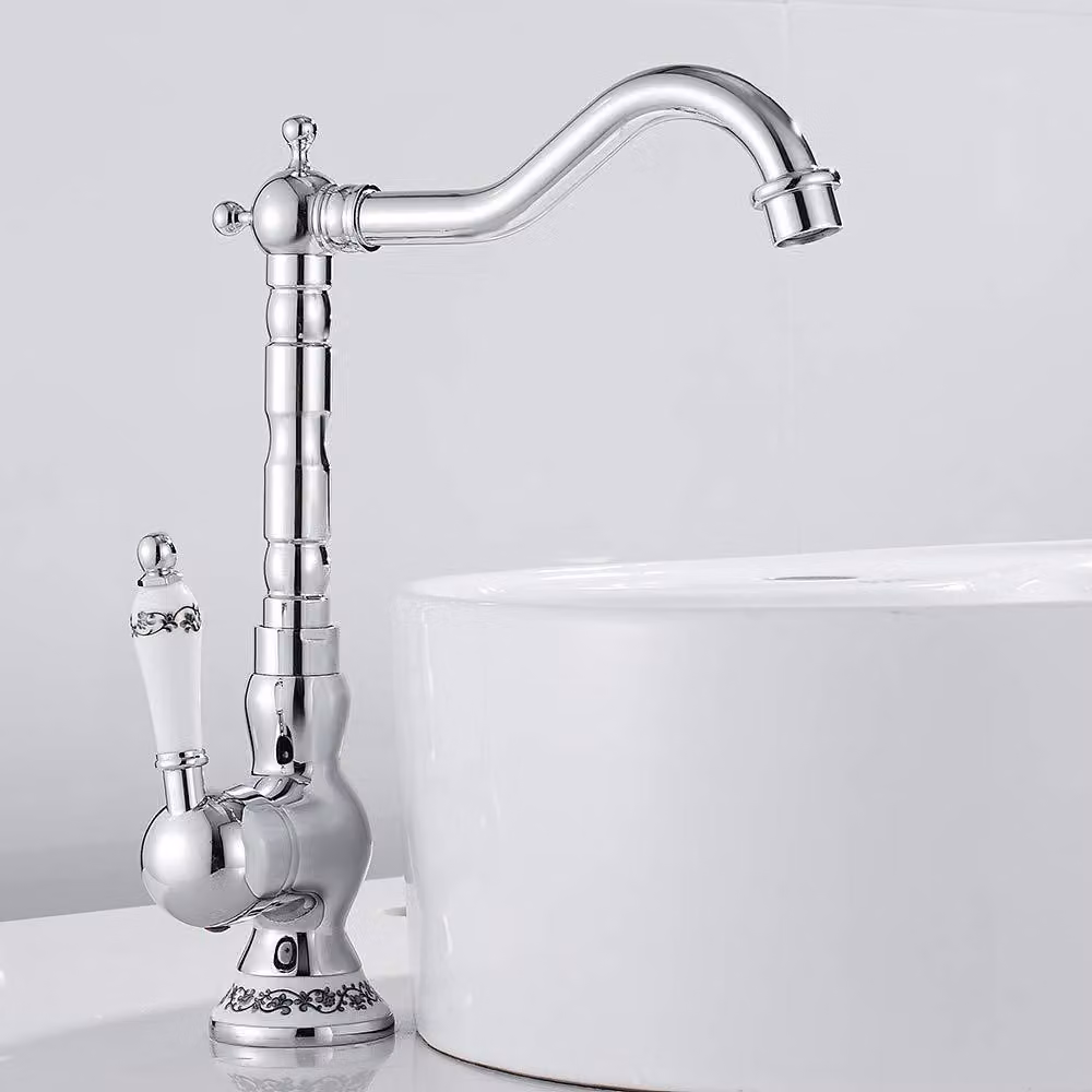 Miscelatore per lavabo in stile retrò, girevole a 360°, cromato, con bocchetta alta