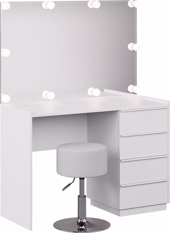 Tavolo da toeletta Vicco Viktoria Bianco 110 cm con specchio, catena luminosa LED e sgabello, Model 59329