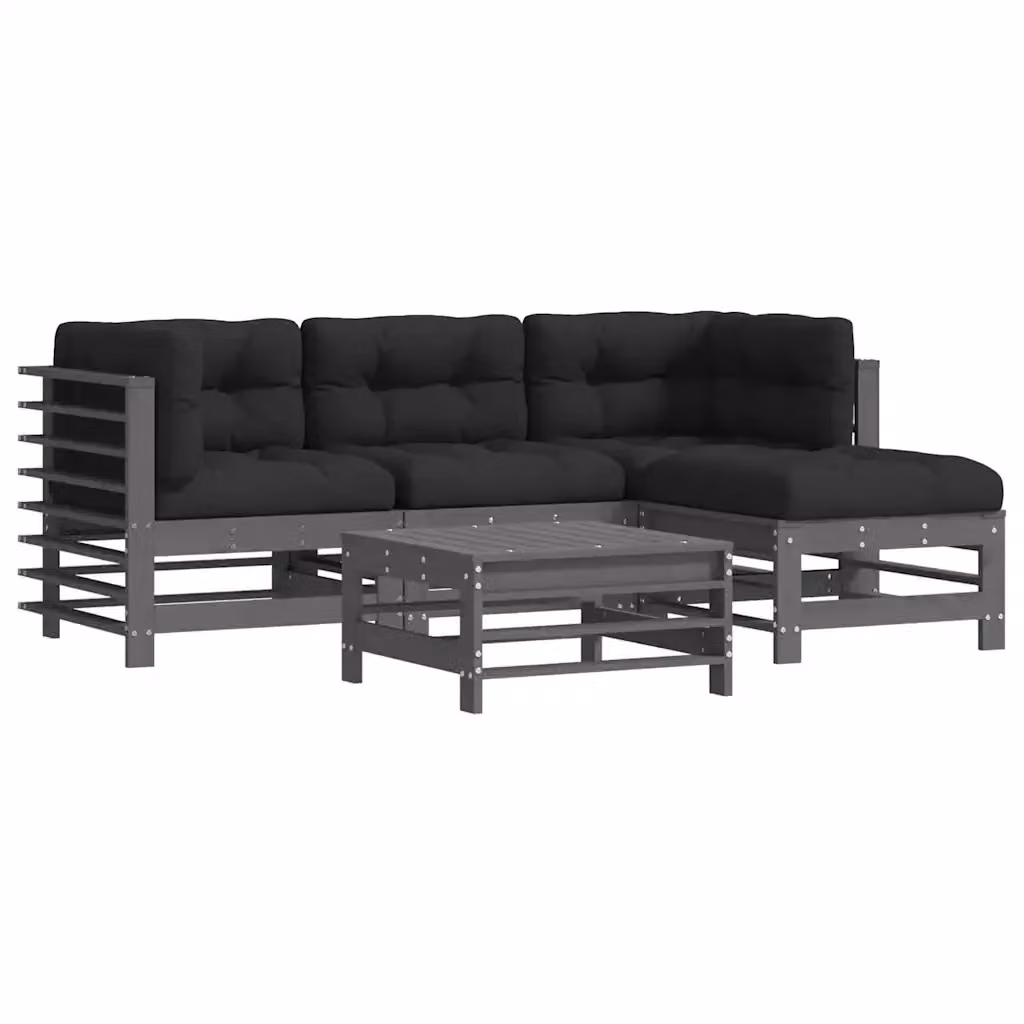 Set di Divani da Giardino a L con vidaXL, 5 Pezzi in Legno Massello di Pino Trattato con Cuscini Grigio e Nero – 2