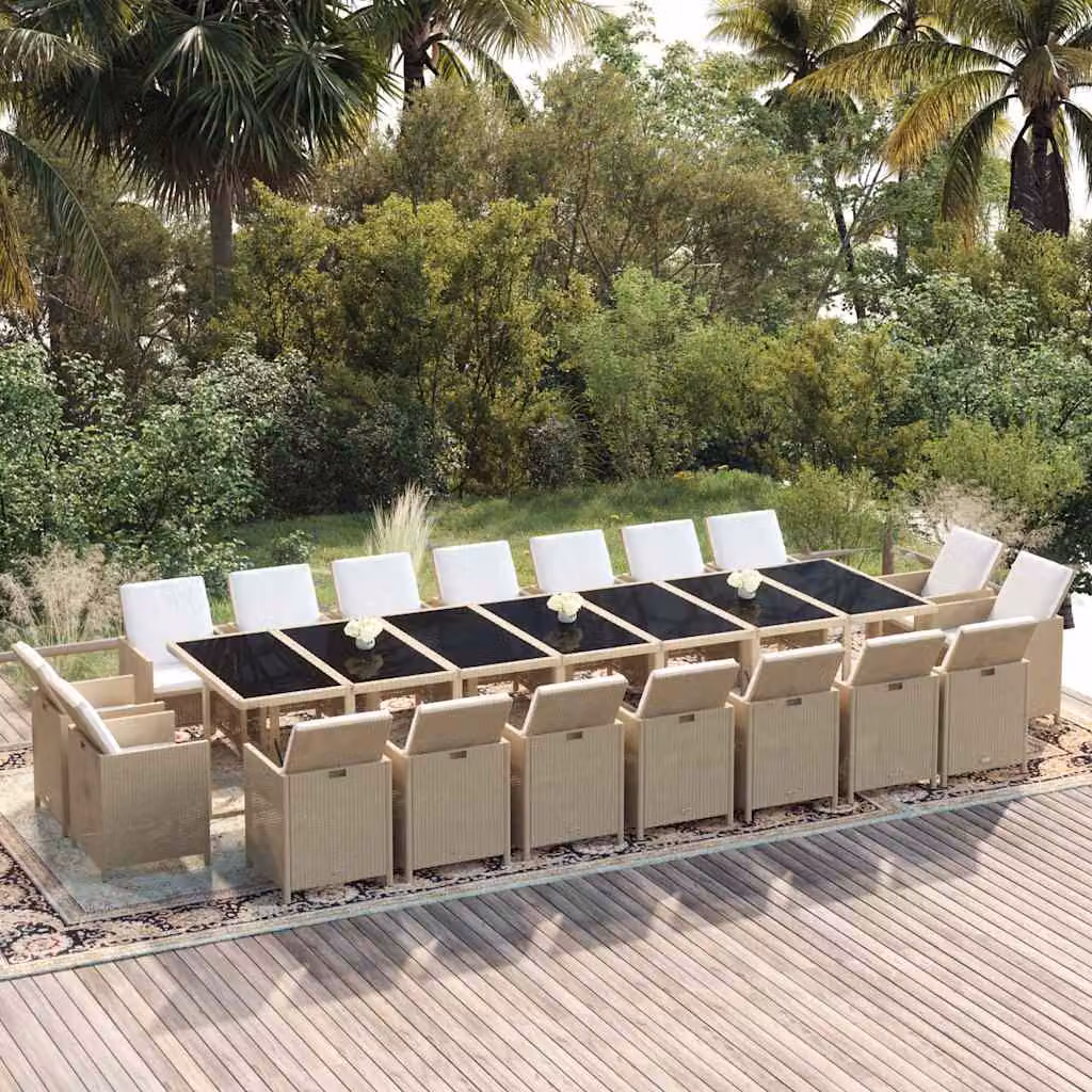 vidaXL Set da Pranzo per Giardino da 19 Pezzi in Polyrattan con Cuscini e Tavolo in Vetro Beige