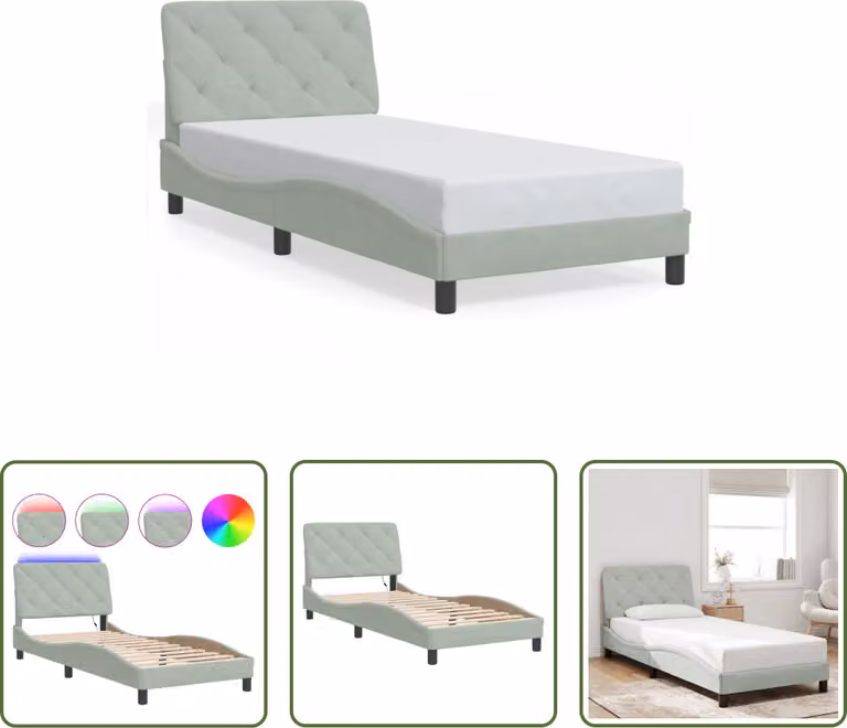 The Living Store Struttura letto con luci LED grigio chiaro 80x200 cm in velluto