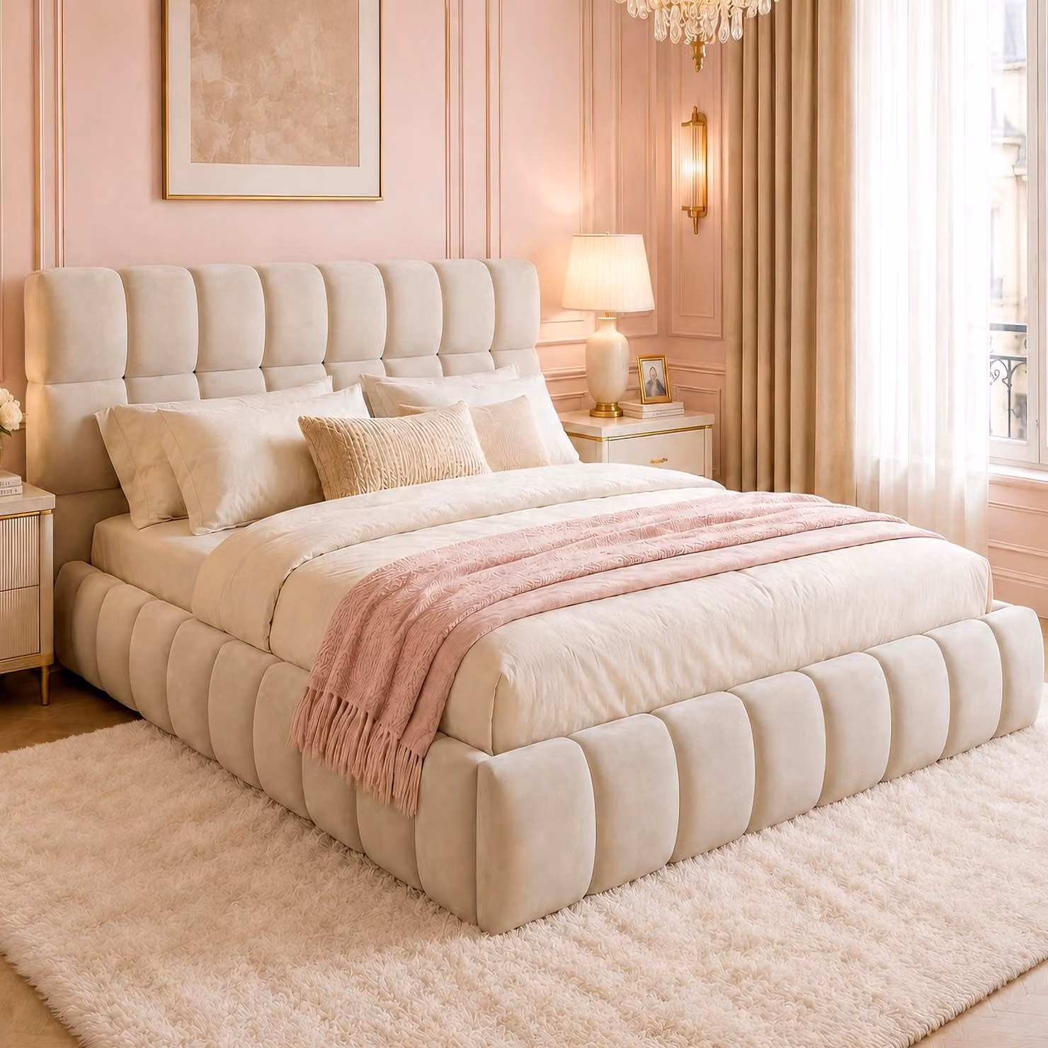 Letto imbottito Merax 140x190 cm con morbido schienale, letto matrimoniale per ragazzi in legno e pannelli truciolari, letto piatto in velluto con bordatura imbottita, beige