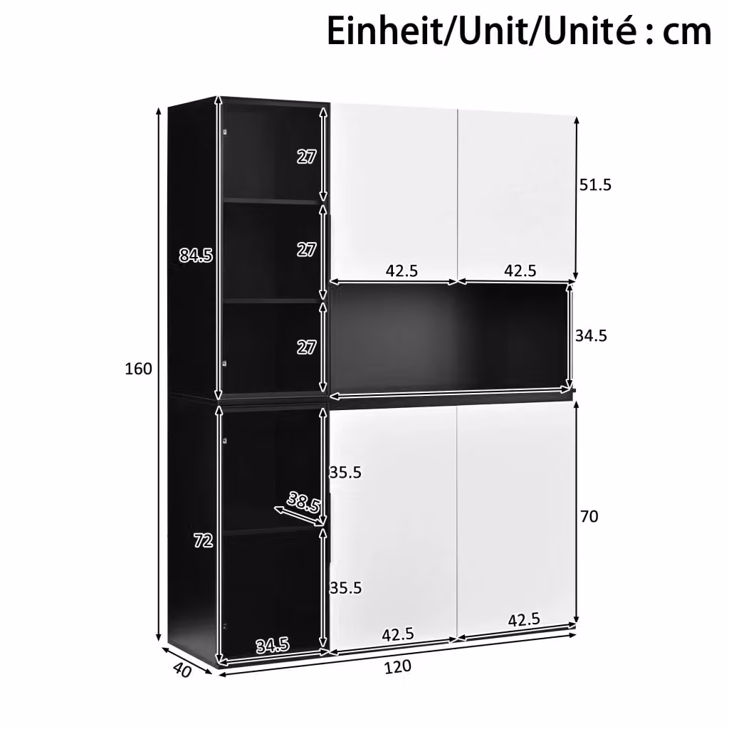 Armadio Vetrina Moderno REDOM in MDF Bianco e Nero con Ante in Vetro e Illuminazione LED L/P/H: 120 x 40 x 160 cm – 2