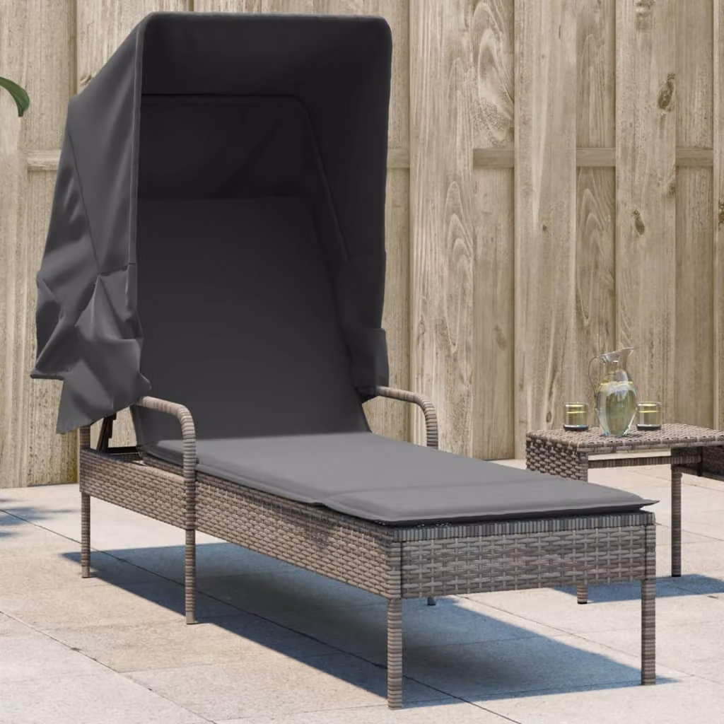 vidaXL Lettino Prendisole con Baldacchino in Polyrattan Grigio e Tessuto Resistente ai Raggi UV con Poggiatesta Regolabile