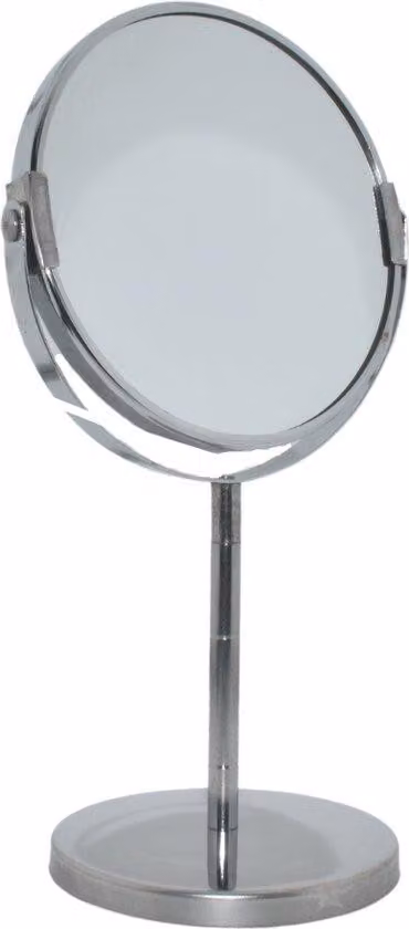 Specchio da trucco cromato argentato rotondo su supporto - 13 cm