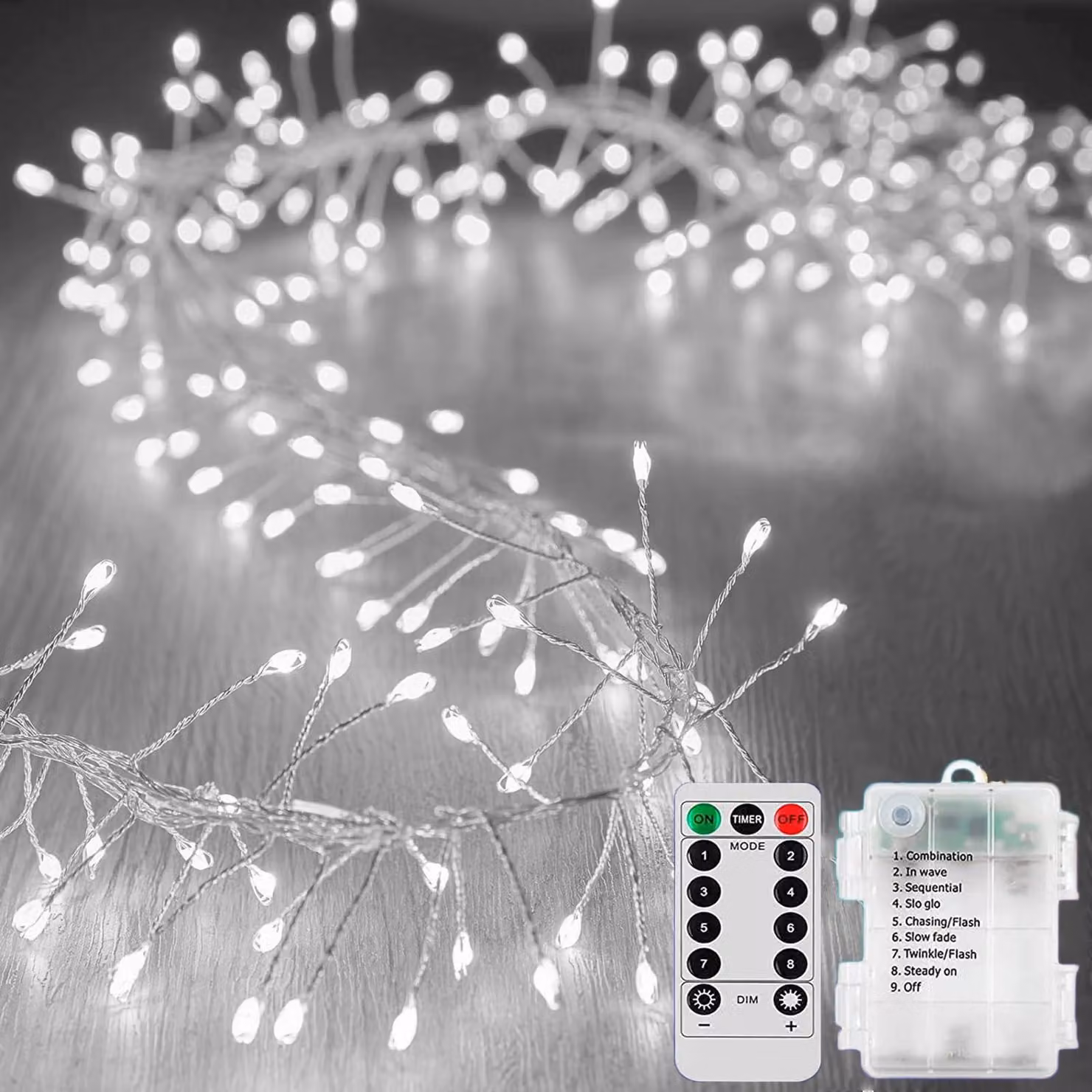 Catena luminosa da 3 metri, con 100 LED, filo argentato, alimentata a batteria, 8 modalità, luce bianca