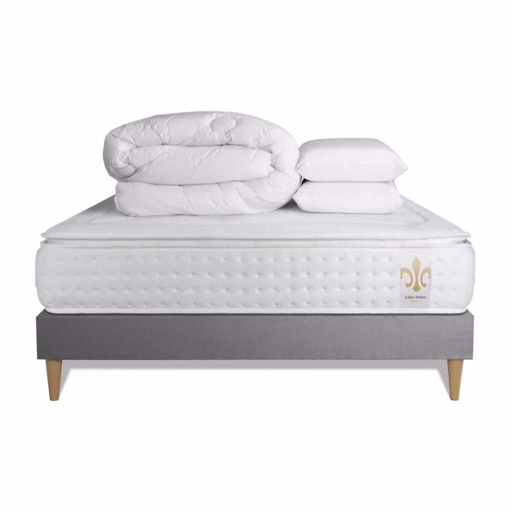 Kit letto completo Vingt-Quatre PLUS con materasso hybrid, box spring con doghe, 2 cuscini e piumino, colore bianco, L/P: 180 x 200 cm – 2