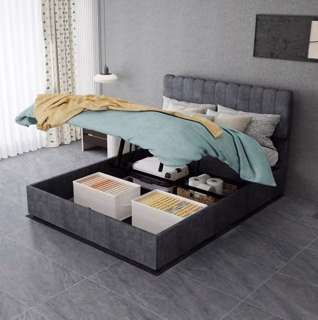 Letto imbottito 140x200 cm in velluto grigio con testiera morbida