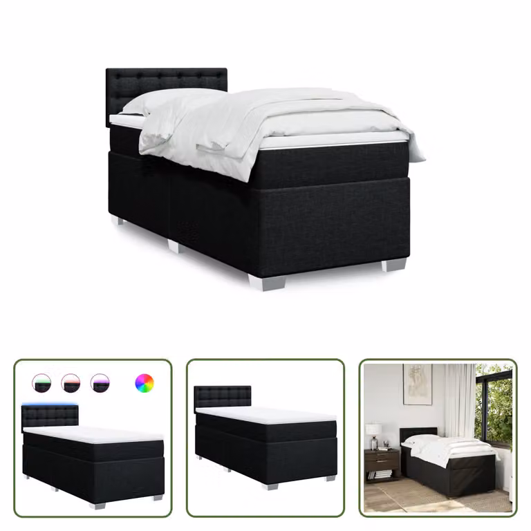 The Living Store Letto a molle con materasso nero 90x190 cm in tessuto