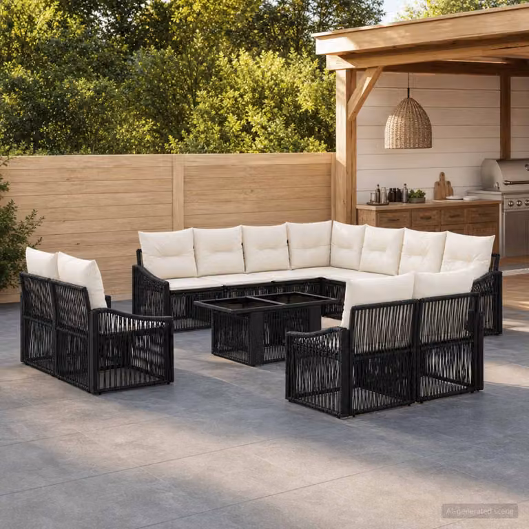 Set Divano da Giardino vidaXL 12 pz in Polyrattan Nero e Bianco Crema con Tavolino e Cuscini