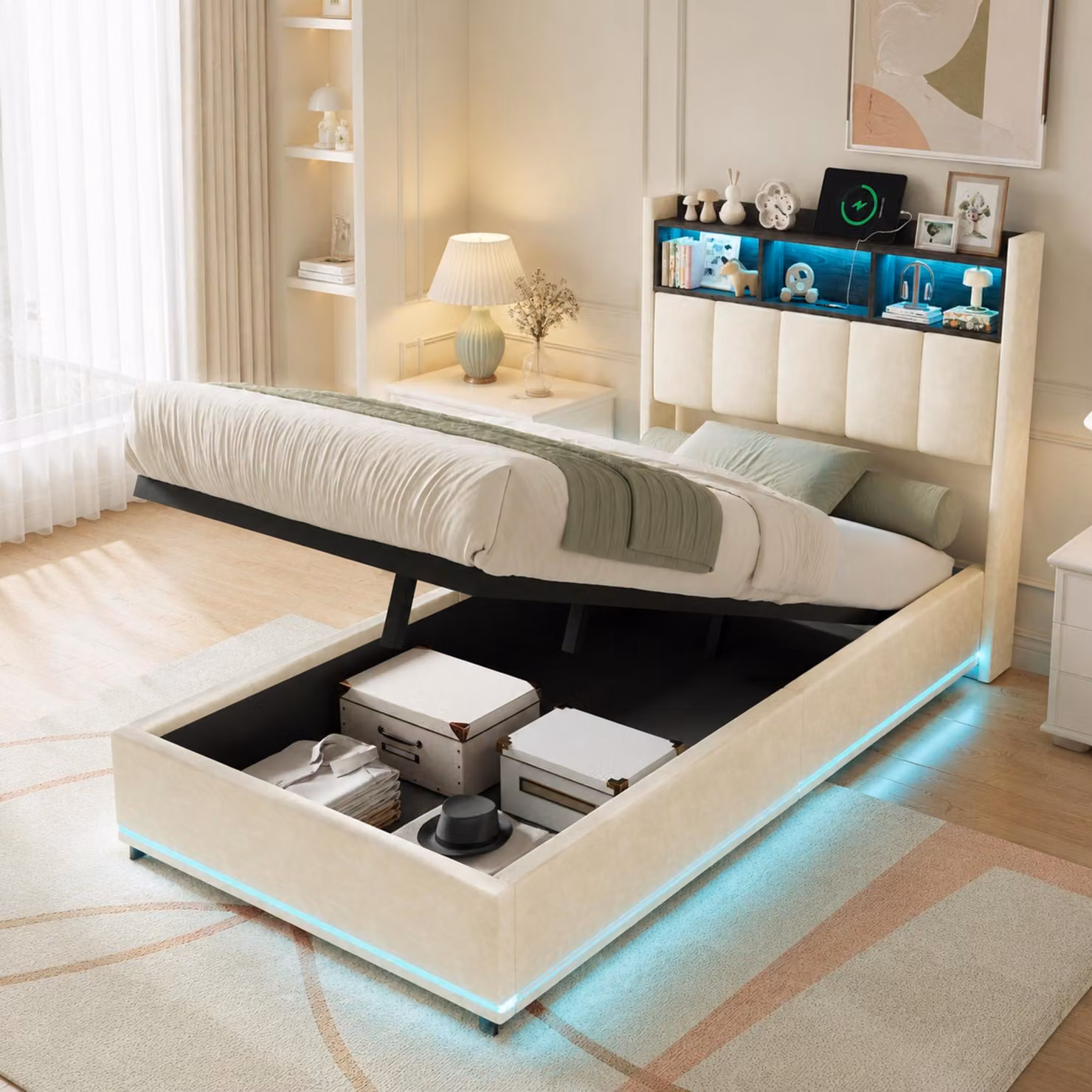 Letto imbottito INONEFT 90x200 cm con LED e porta USB di tipo C, letto a molle con rete a doghe e contenitore, letto singolo per giovani con sistema idraulico e spazio contenitivo, rivestito in velluto bianco