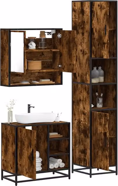 Set Mobili da Bagno 3 pz Rovere Fumo in Legno Multistrato 3301117