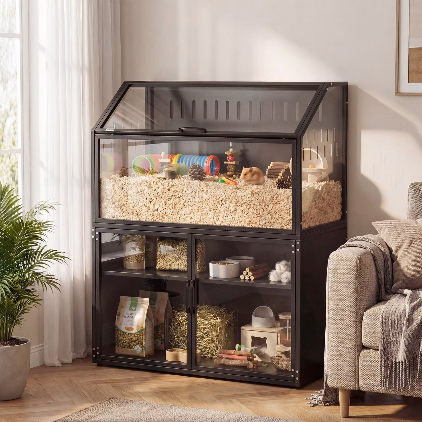 Gabbia per criceti 2 in 1 PawHut con armadio per stoccaggio in acciaio e acrilico, Nero – 2