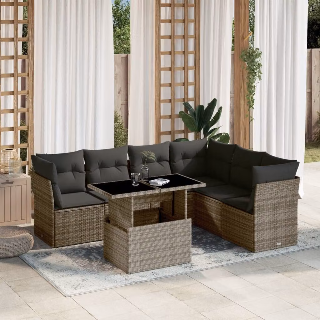 Set da giardino vidaXL composto da 7 pezzi in polyrattan grigio con cuscini e tavolino da caffè – 1