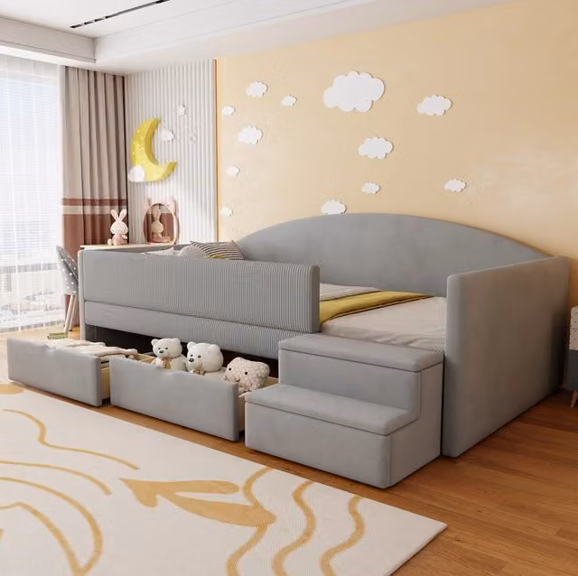 Letto imbottito 90 x 190 cm in velluto grigio acqua con 2 cassetti; sponde e gradini