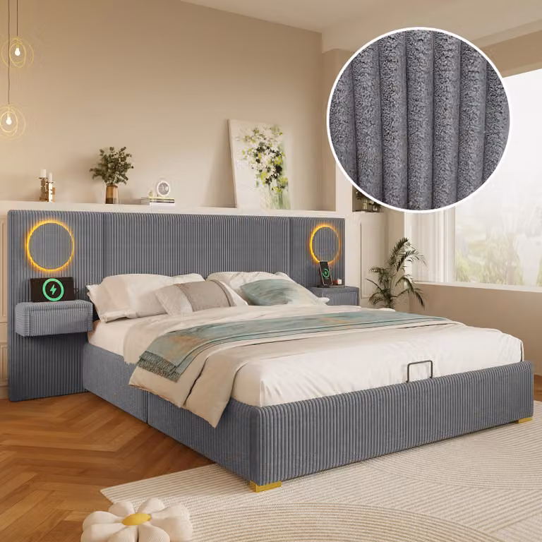 Letto imbottito okwish 180x200 con materasso e testiera LED, letto per ragazzi con contenitore e prese USB, letto matrimoniale grigio