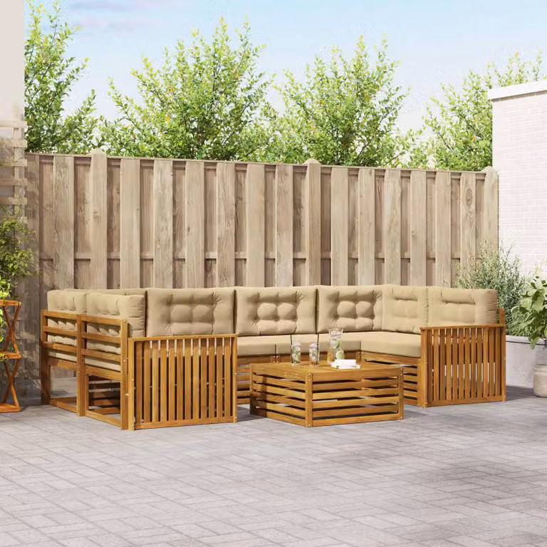 Set di divani da esterno vidaXL 7 pz in legno di acacia con cuscini beige e sabbia