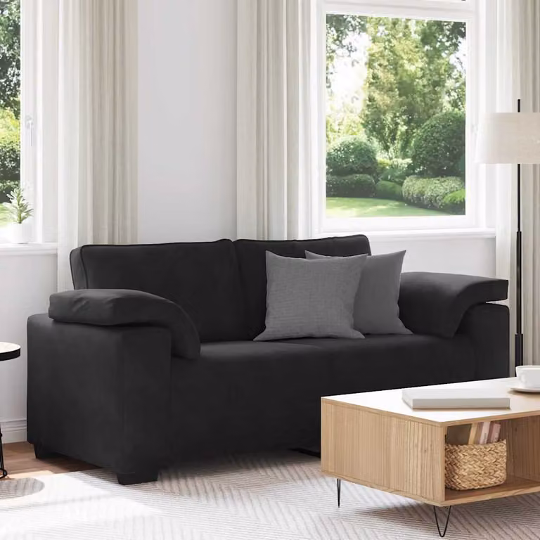 Divano moderno vidaXL in velluto nero con cuscini, L: 180 cm, P: 77 cm, H: 82 cm