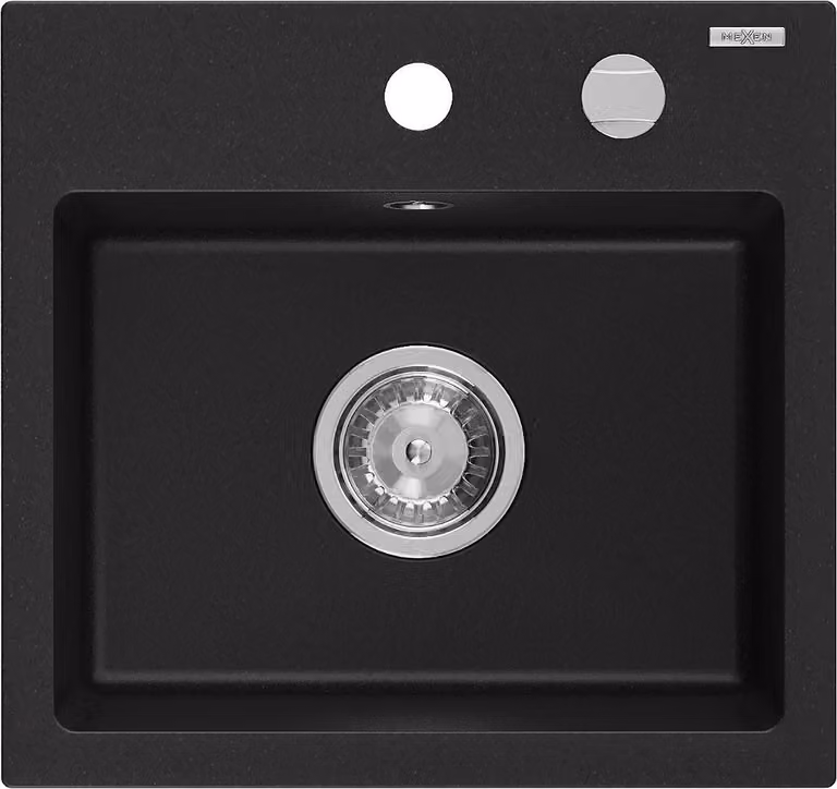 Mexen Milo lavello da cucina in granito 1-vasca 435 x 410 mm, nero, sifone cromato - 6505441000-77