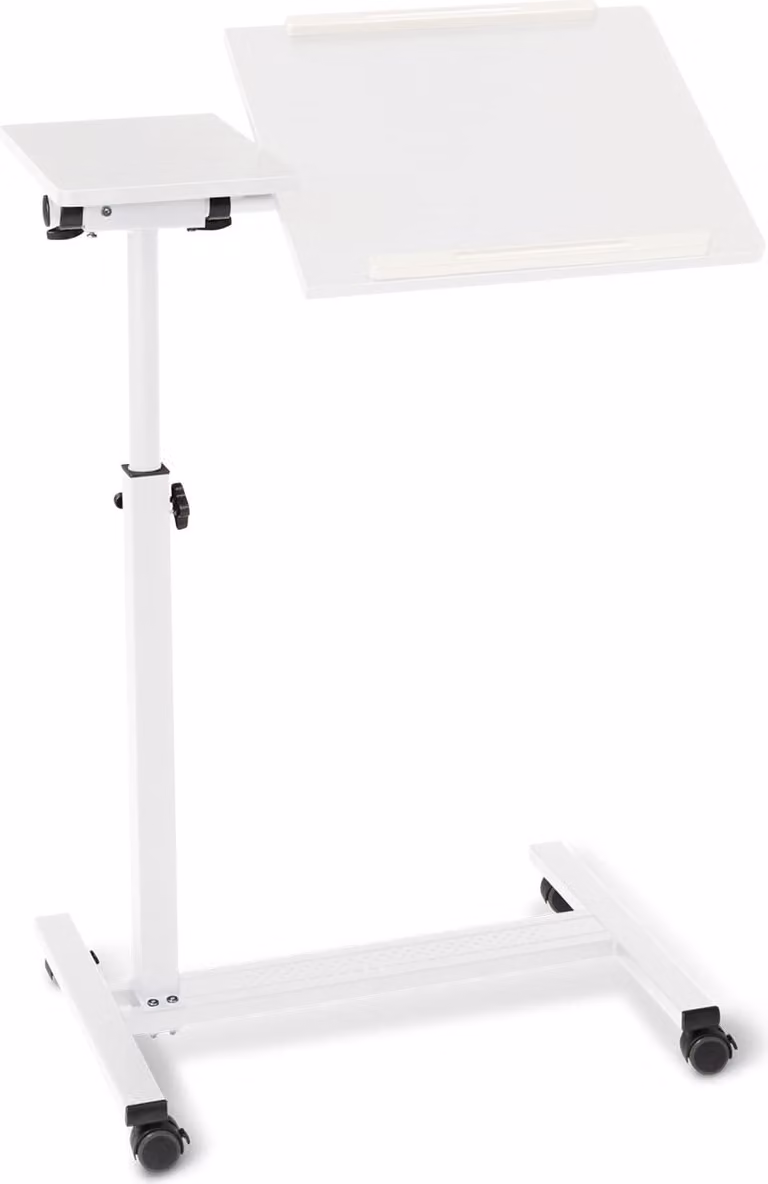 Tavolo da letto mobile ELONEO su rotelle, tavolo in piedi regolabile in altezza/larghezza, piano inclinabile/pieghevole, tavolino per letto ospedaliero, letto di cura, tavolo per laptop (bianco)