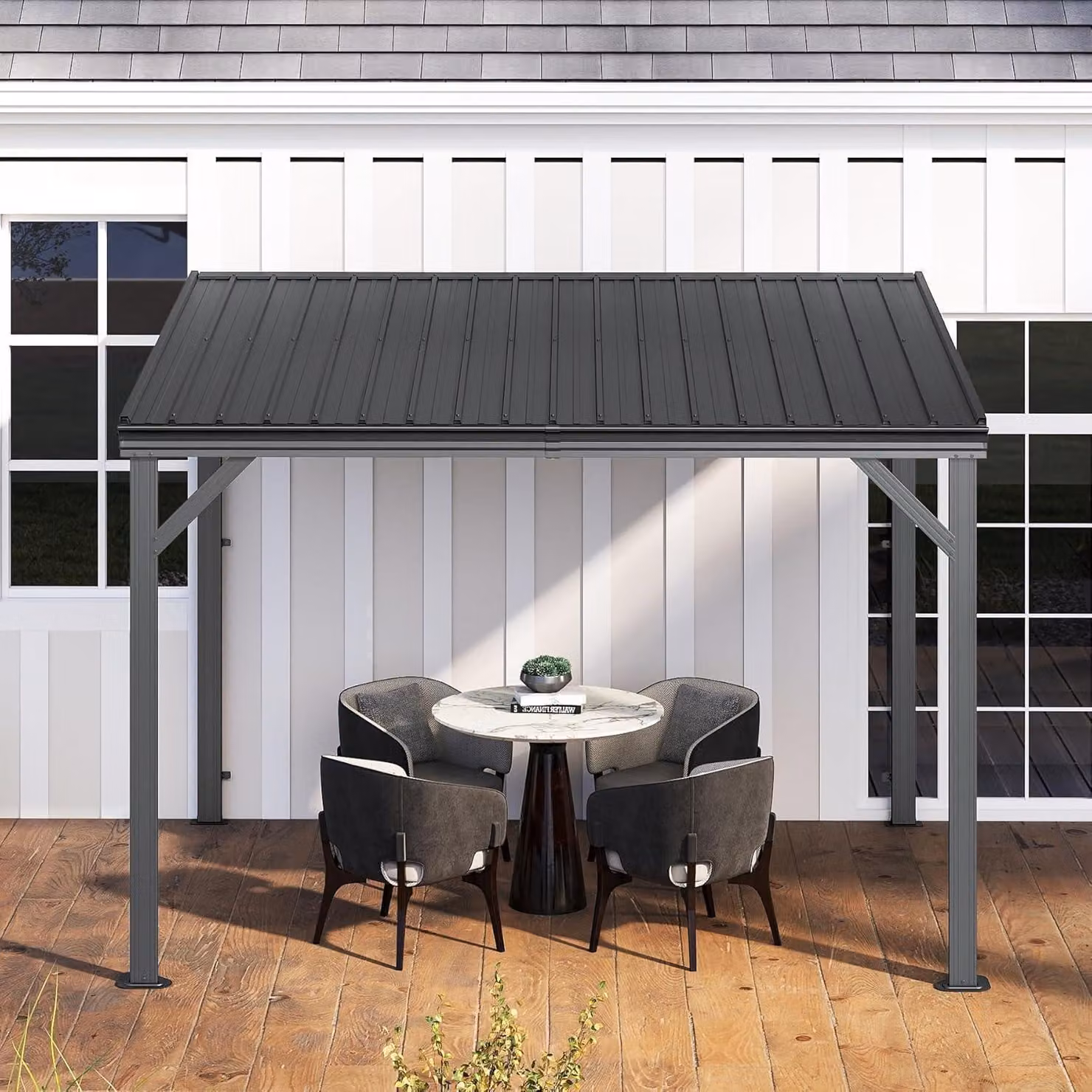Gazebo da giardino, dimensioni 2,97 x 3,11 metri, colore grigio, con tetto in acciaio fisso e grondaie, resistente al vento fino a 96 km/h