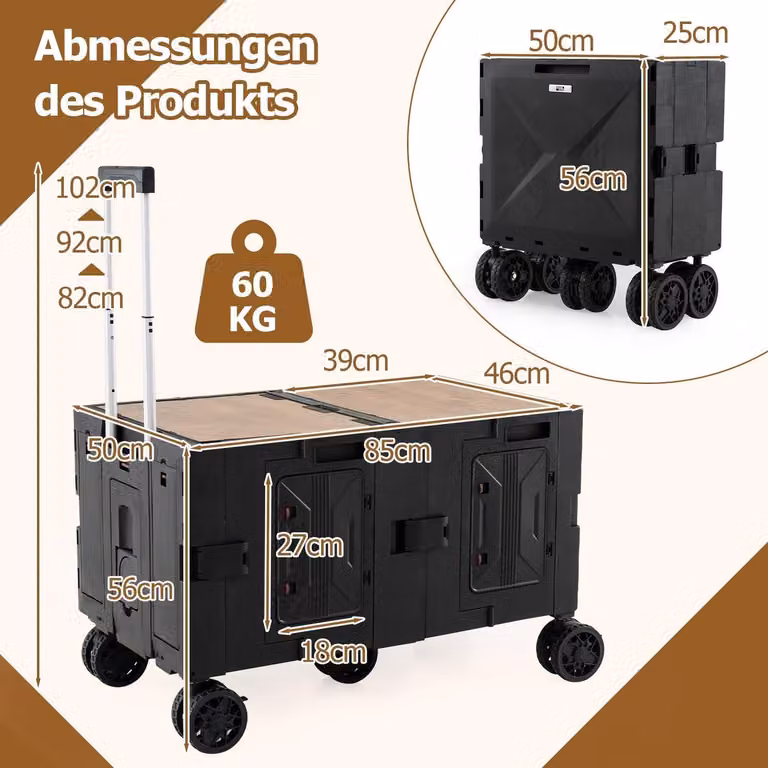 Carrello pieghevole con piano del tavolo, maniglia regolabile, nero