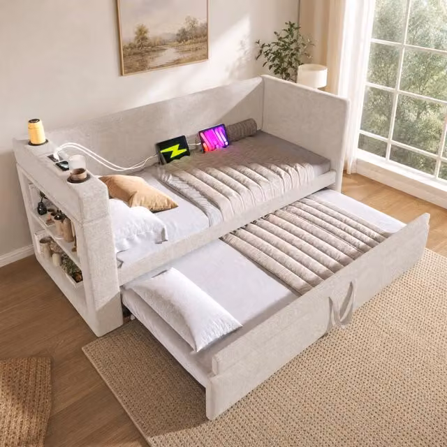 Divano Letto REDOM con Letto Estrattibile Beige in Cotone e Lino L/P/H: 90 x 190 cm
