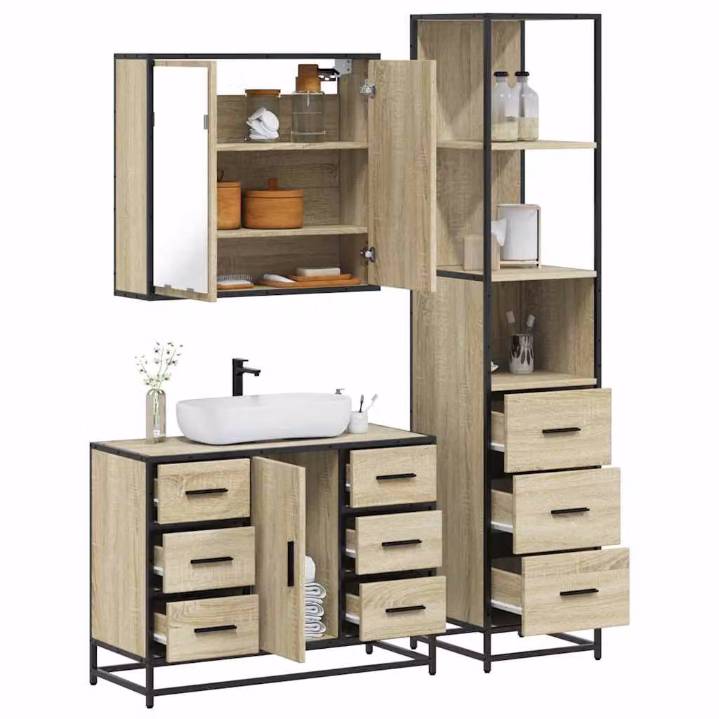 Set di mobili da bagno industrial vidaXL in legno e metallo marrone composto da 3 pezzi: mobile lavabo, armadietto con specchio e colonna alta (L: 80 cm, P: 33 cm, H: 60 cm)