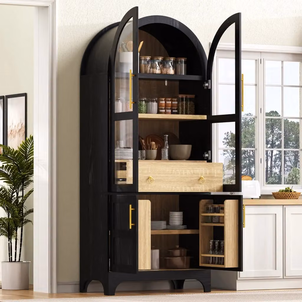 Credenza Mivray moderna in MDF nero con ante in vetro rigato e ripiani regolabili L: 76 cm, P: 40 cm, H: 180 cm – 2
