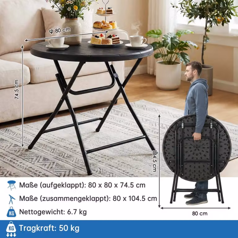 Tavolo pieghevole - Tavolo da giardino rotondo - Ø80 cm - Struttura in acciaio inossidabile - Portatile e stabile - Altezza 74 cm - Nero