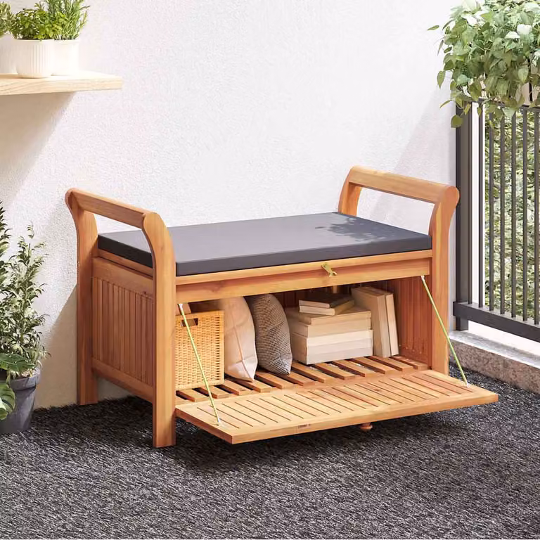 vidaXL Panca Portaoggetti da Giardino in Legno di Acacia con Cuscini e Braccioli, L: 91 cm, P: 43 cm, H: 50 cm