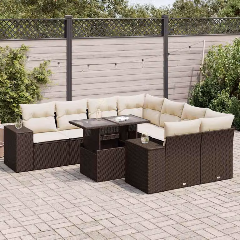 Set di divani da giardino vidaXL 9 pezzi in polyrattan marrone con cuscini e tavolino da caffè per esterno