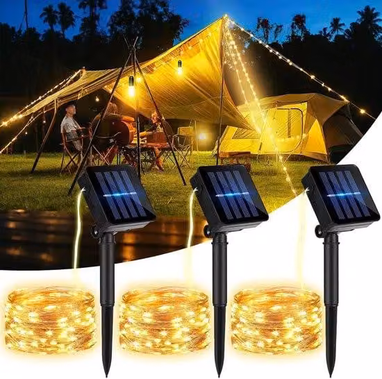 Set di luci d'atmosfera a energia solare, 3 pezzi, resistente alle intemperie, 8 modalità, 120 LED