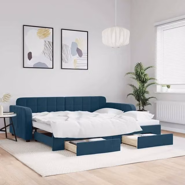 Divano Letto Estraibile con Cassetti vidaXL in Velluto Blu per Soggiorno e Camera da Letto L/P: 90 x 200 cm – 1