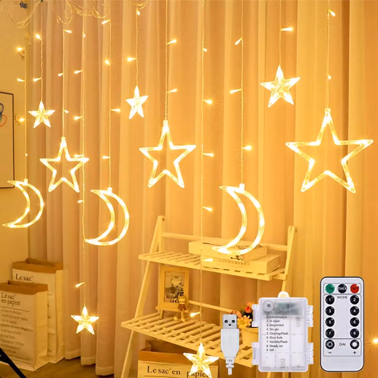 Catena luminosa a LED, lunghezza 3,5 metri, con decorazioni a forma di stelle e lune, 138 LED, luce bianco caldo