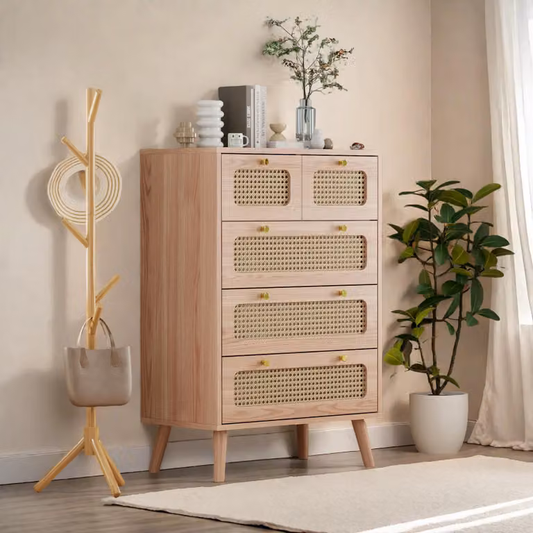 Cassettiera buffet Fortuna Lai con 5 cassetti, gambe in legno massiccio, design moderno, mobili da camera 60x34x91 cm, marrone