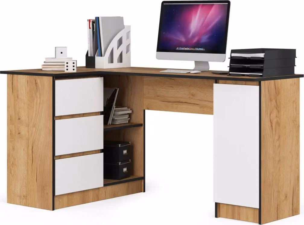 Scrivania angolare SILAN - rovere craft / bianco, versione a sinistra