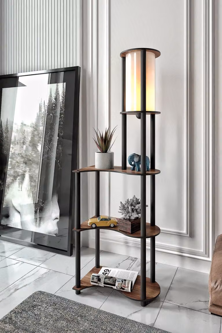 Opviq, lampada da terra industriale in carta craft e MDF, noce, altezza 140 cm, 1 x E27, max. 40 W, IP20, design elegante per interni moderni, lampadina non inclusa.