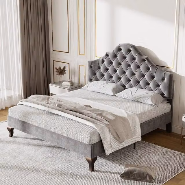 Letto imbottito Minimal con rete a doghe e testiera regolabile in velluto grigio L/P: 140 x 200 cm – 1