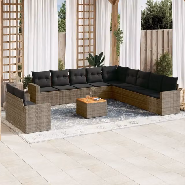 Set da giardino moderno vidaXL composto da 12 pezzi in polyrattan grigio con cuscini imbottiti e tavolino da esterno